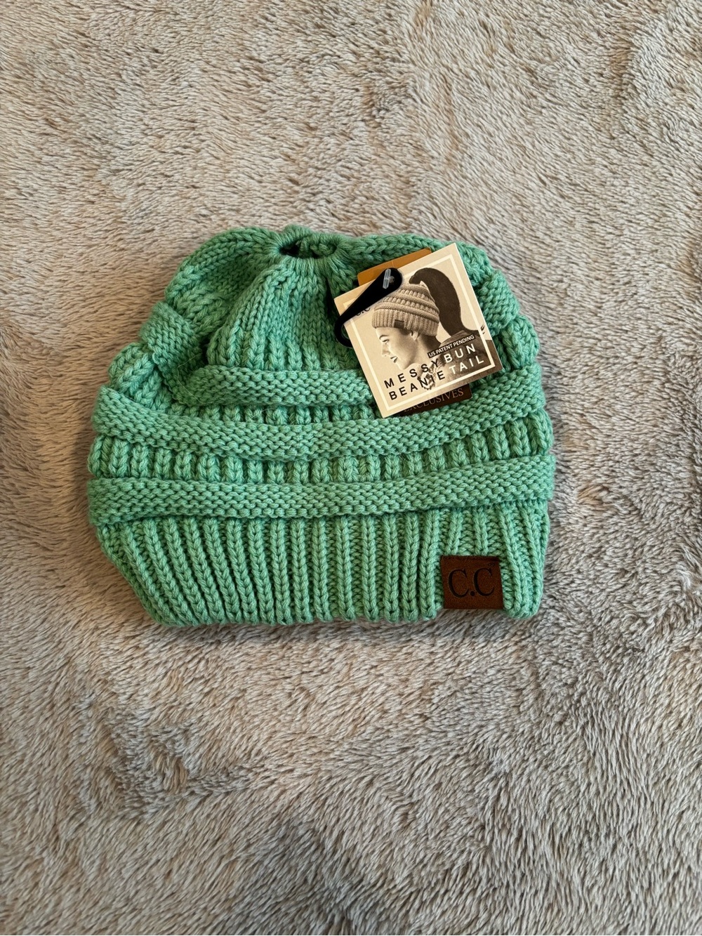 C.C Mint Green Knit Beanie with Leather Logo